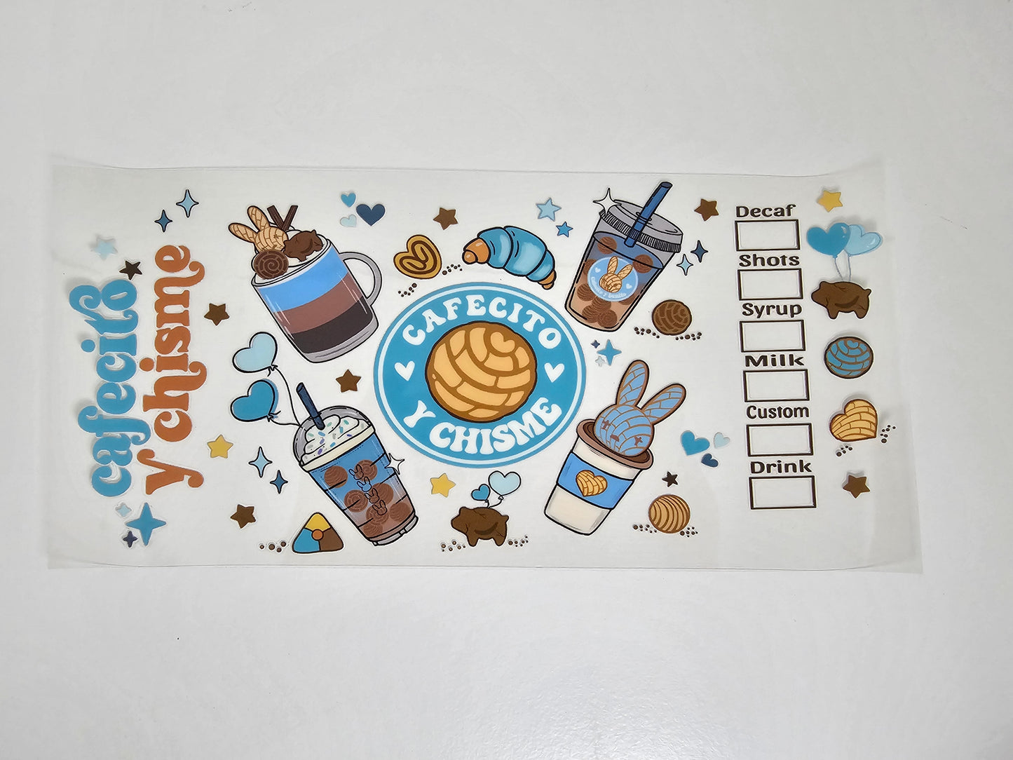 Cafecito y Chisme Blue #2 - UVDTF Wrap for cups/hard surfaces sticker