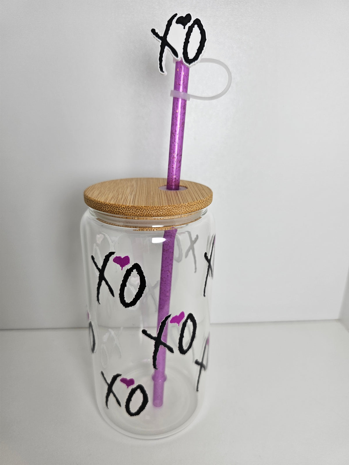 XO - 16 oz Glass Cup with Clear Plastic Straw