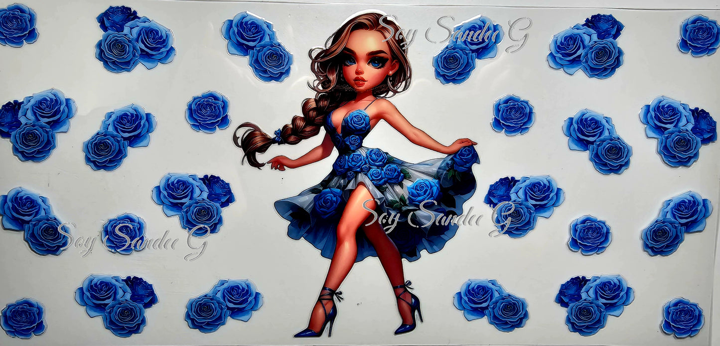Blue Flowered Dress Girl - UVDTF Wrap for cups/hard surfaces sticker