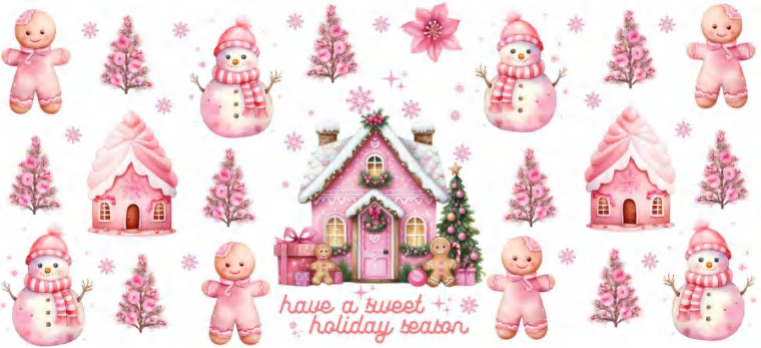 Pink Christmas House & Snowmen - UVDTF Wrap for cups/hard surfaces sticker