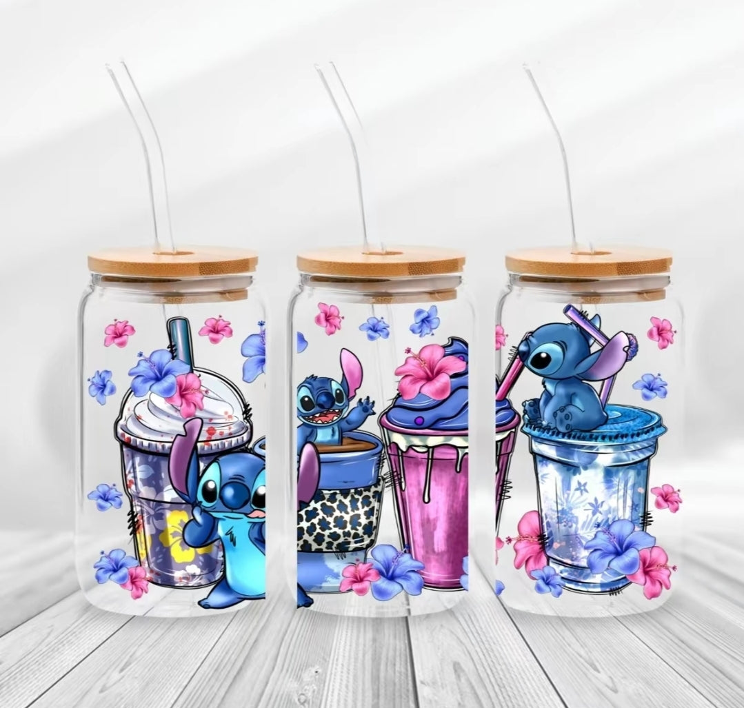 Stitch Cups with Blue & Pink Flowers - UVDTF Wrap for cups/hard surfaces sticker