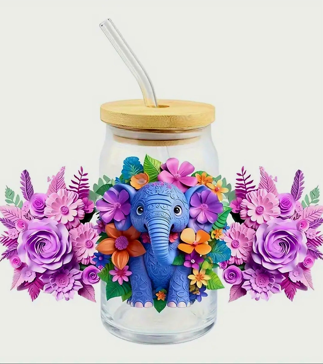 Blue Elephant & Flowers - UVDTF Wrap for cups/hard surfaces sticker