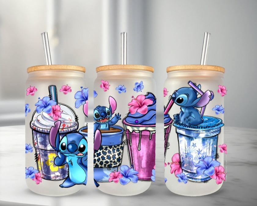 Stitch Cups with Blue & Pink Flowers - UVDTF Wrap for cups/hard surfaces sticker