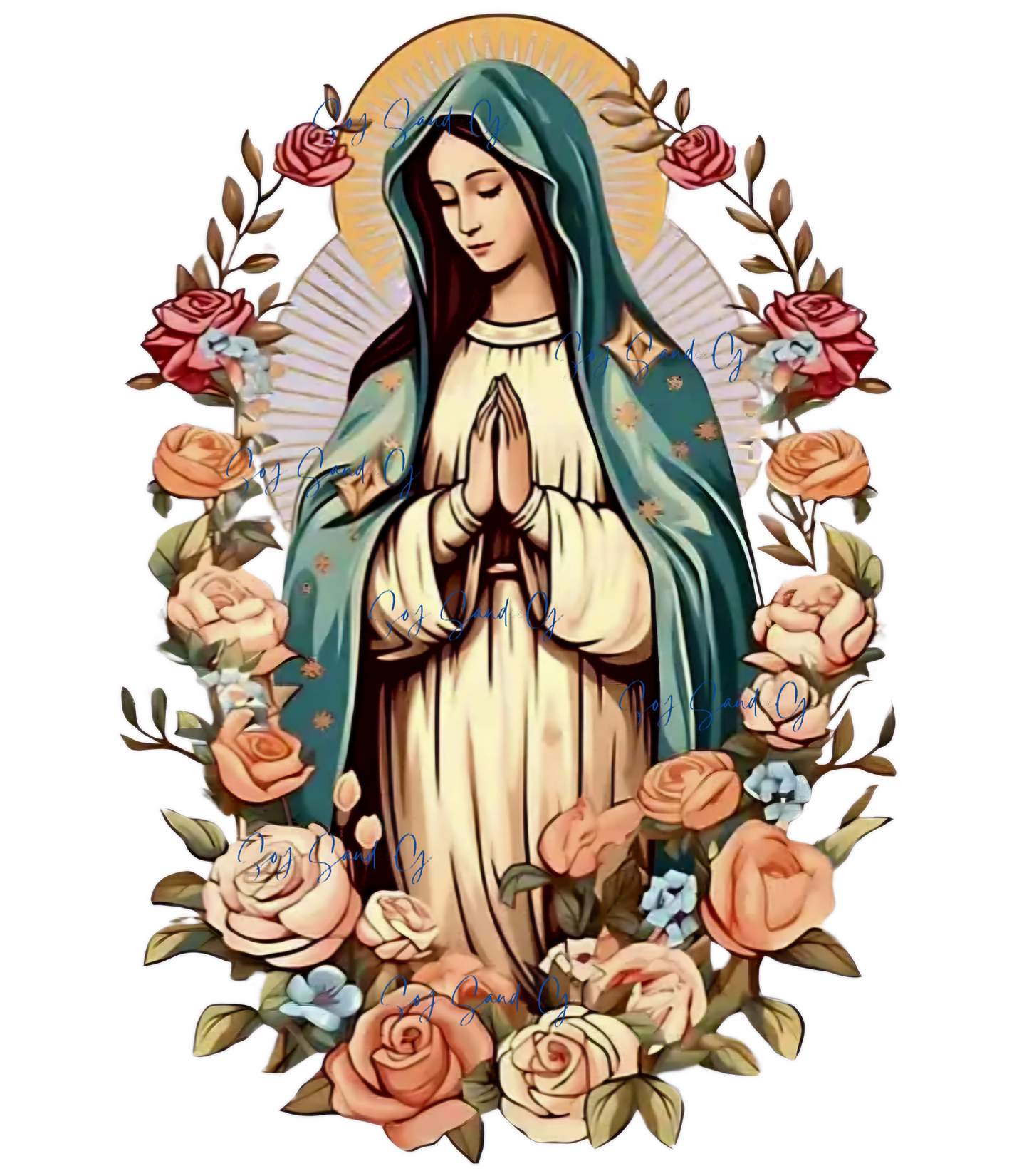 Calcomanía UVDTF Virgen María y Rosas