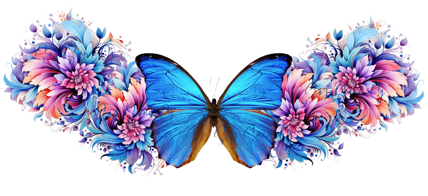 Blue Butterfly & Flowers - UVDTF Wrap for cups/hard surfaces sticker