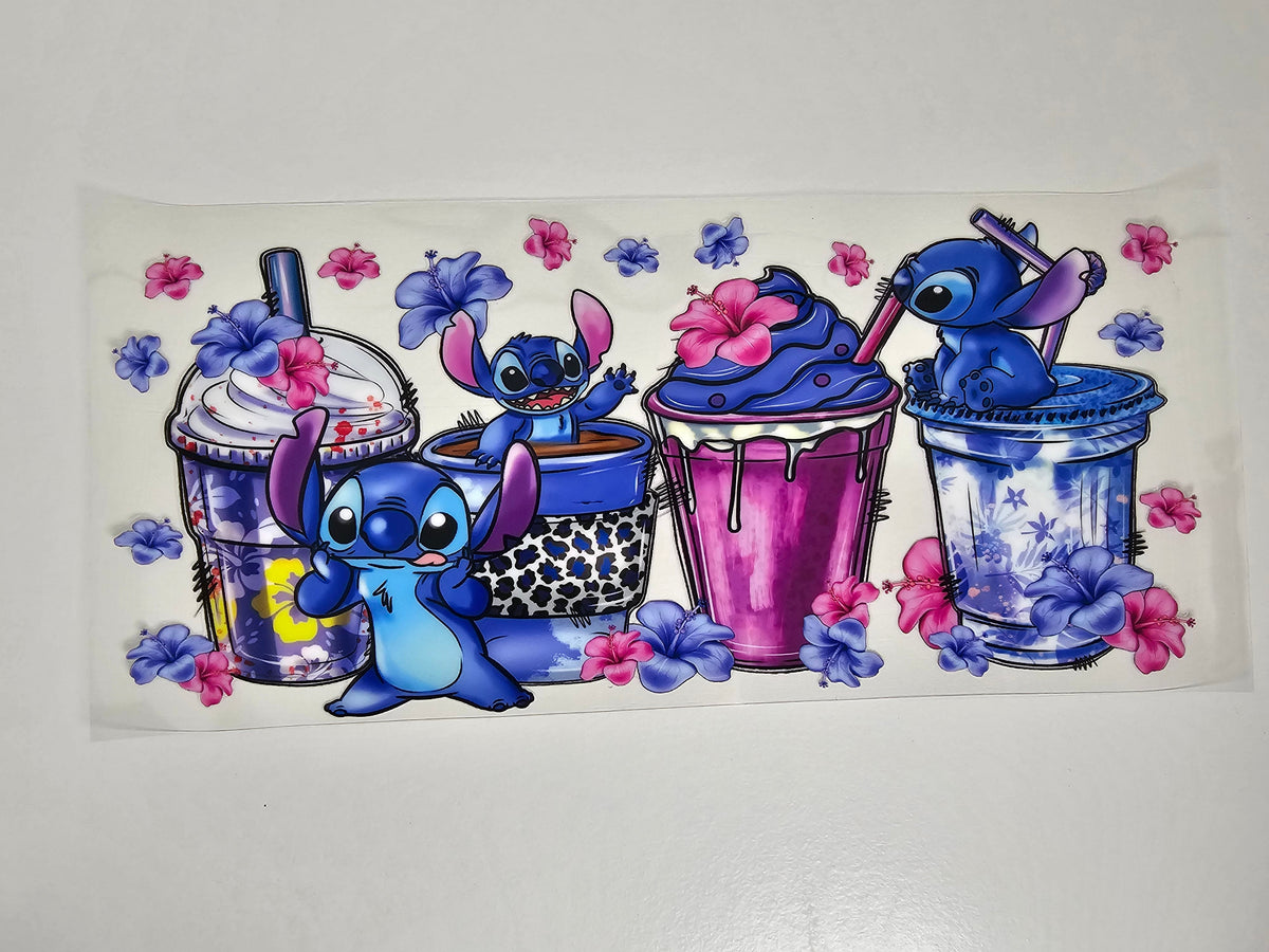 Stitch Cups with Blue & Pink Flowers - UVDTF Wrap for cups/hard surfaces sticker