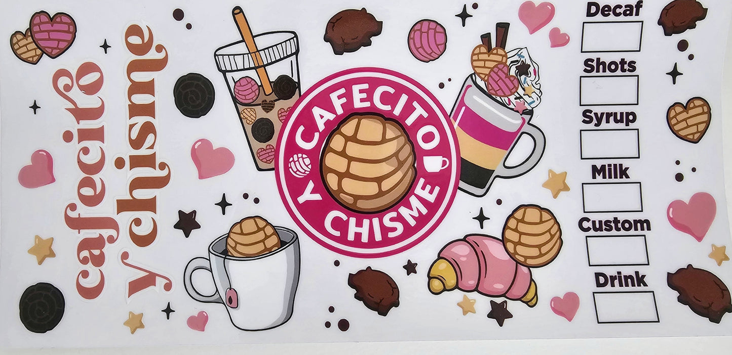 Cafecito y Chisme (Pink #2) - UVDTF Wrap for cups/hard surfaces sticker