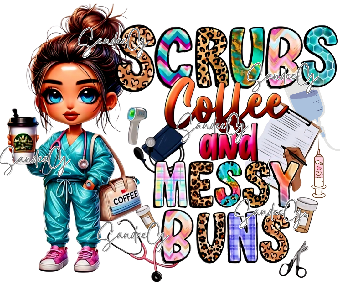 Scrubs, Coffee & Messy Buns - UVDTF Decal for cups/hard surfaces sticker