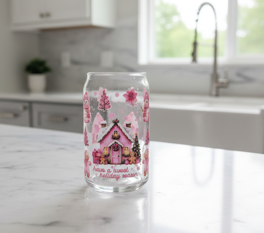 Pink Christmas House & Snowmen - UVDTF Wrap for cups/hard surfaces sticker