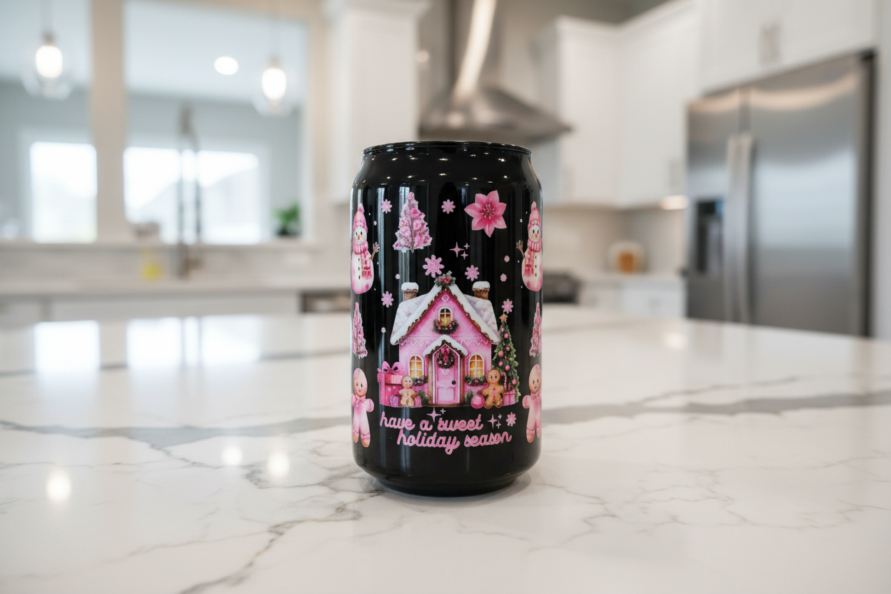 Pink Christmas House & Snowmen - UVDTF Wrap for cups/hard surfaces sticker