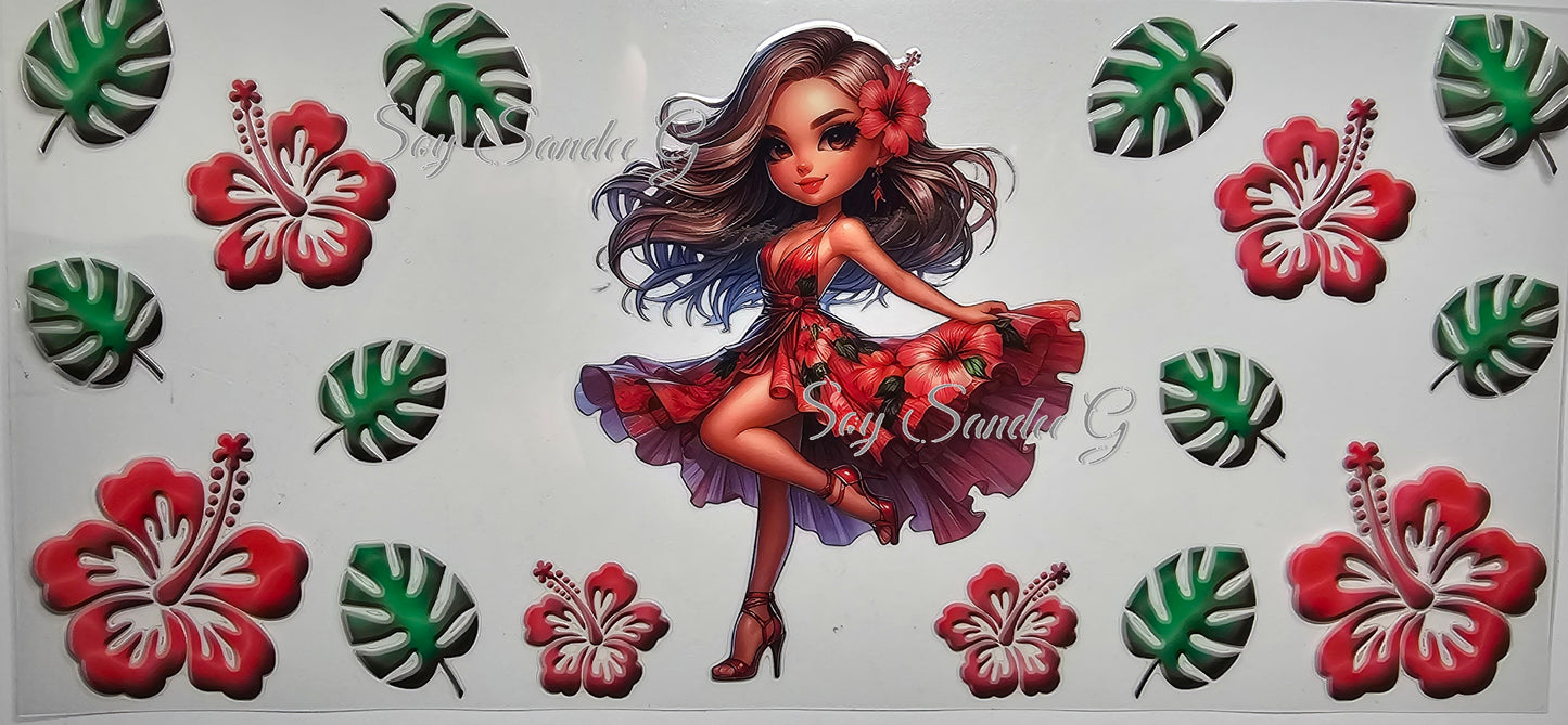 Red Flowered Dress Girl - UVDTF Wrap for cups/hard surfaces sticker