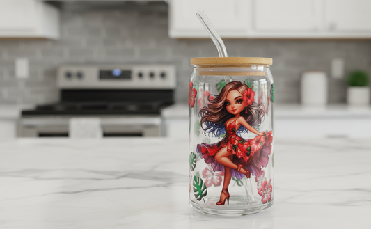 Red Flowered Dress Girl - UVDTF Wrap for cups/hard surfaces sticker