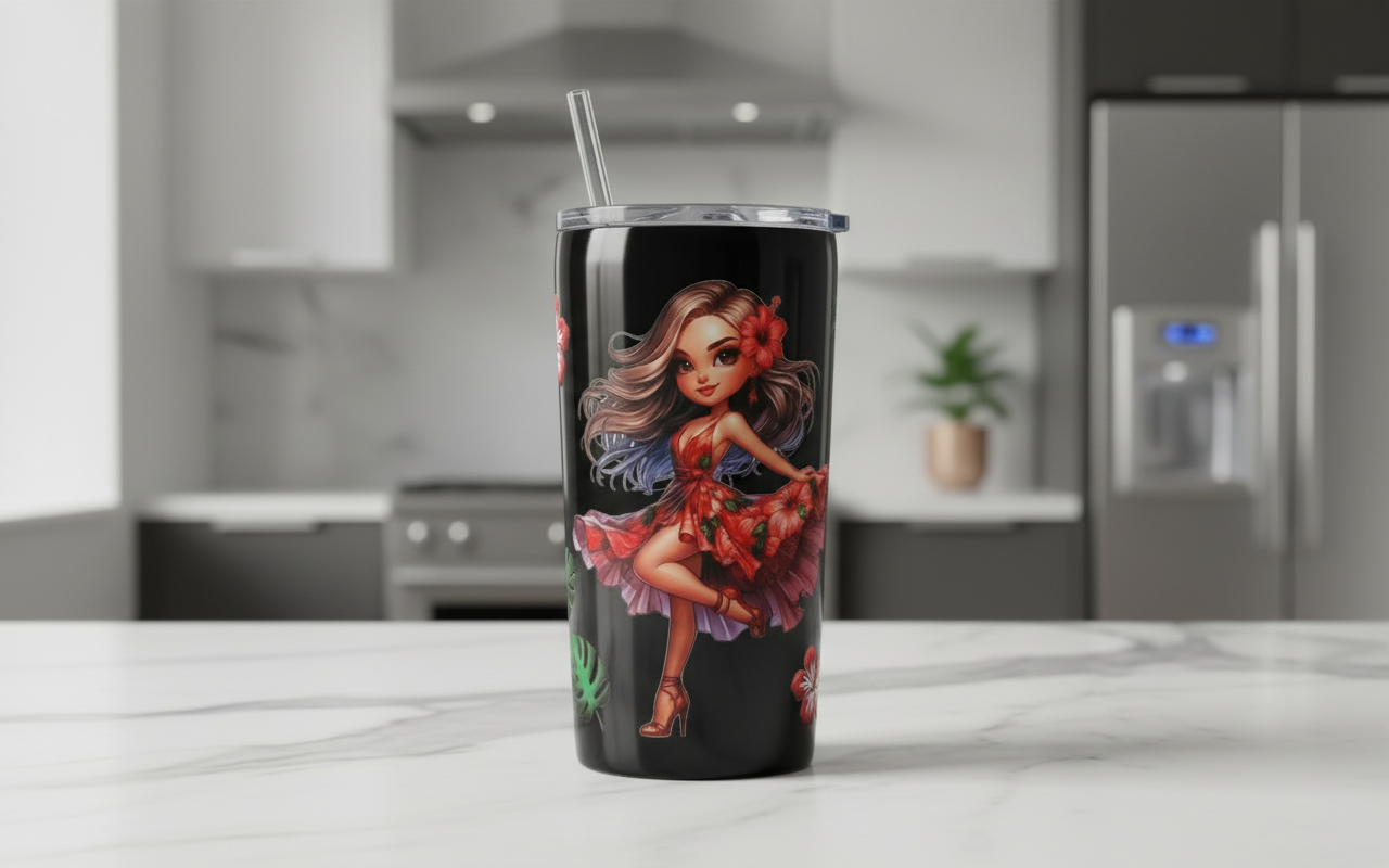 Red Flowered Dress Girl - UVDTF Wrap for cups/hard surfaces sticker