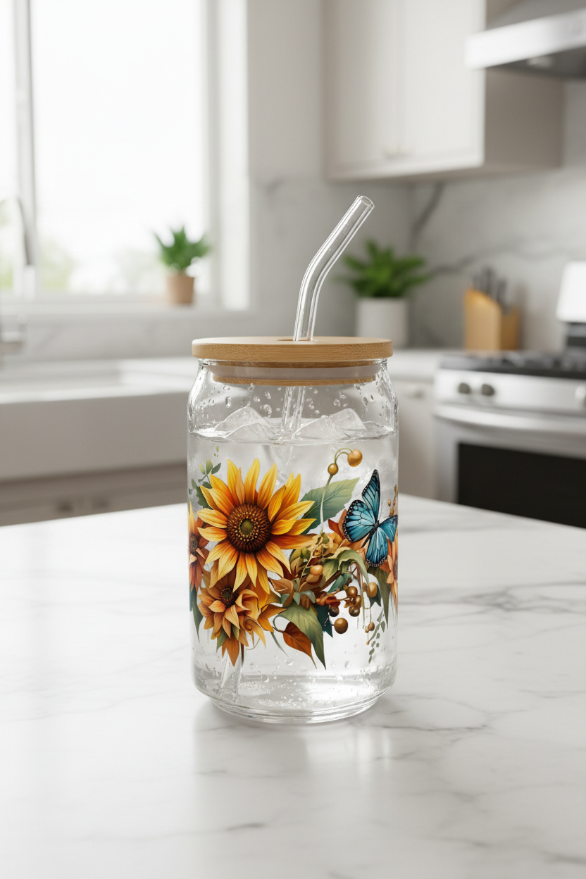 Sunflowers & Teal Butterflies - UVDTF Wrap for cups/hard surfaces sticker