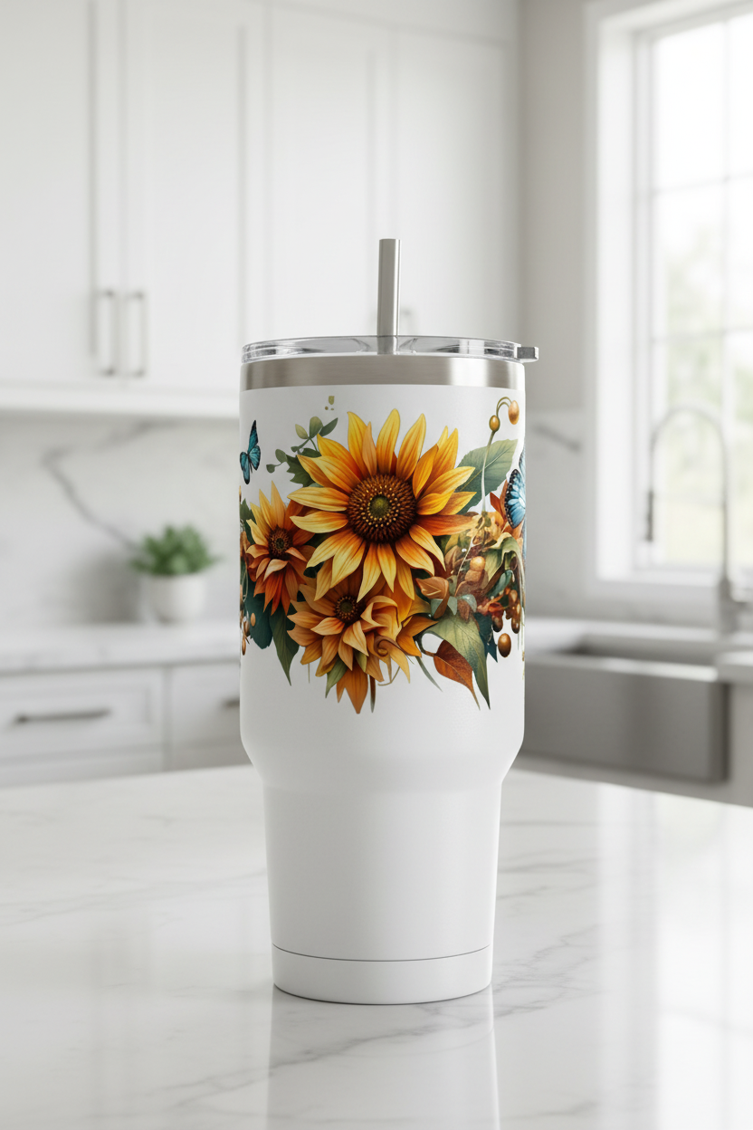 Sunflowers & Teal Butterflies - UVDTF Wrap for cups/hard surfaces sticker