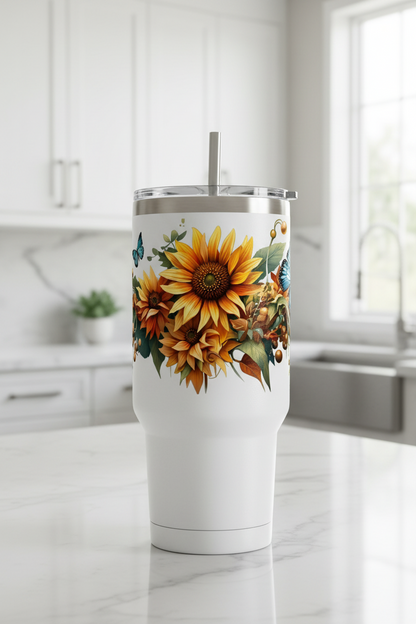 Sunflowers & Teal Butterflies - UVDTF Wrap for cups/hard surfaces sticker