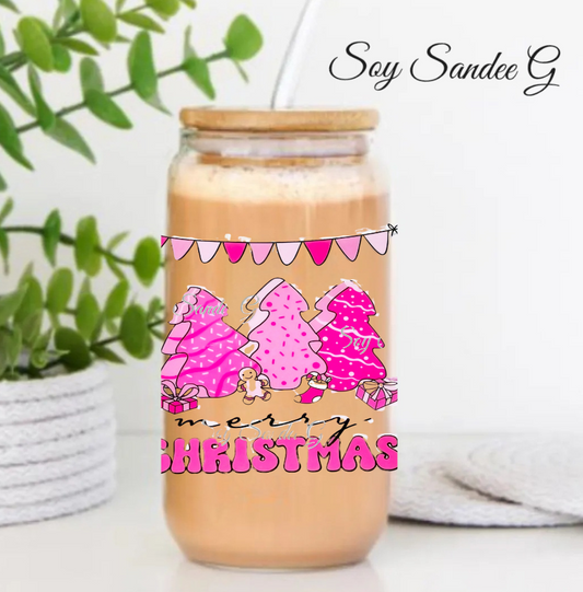 Pink Merry Christmas Trees - UVDTF Wrap for cups/hard surfaces sticker