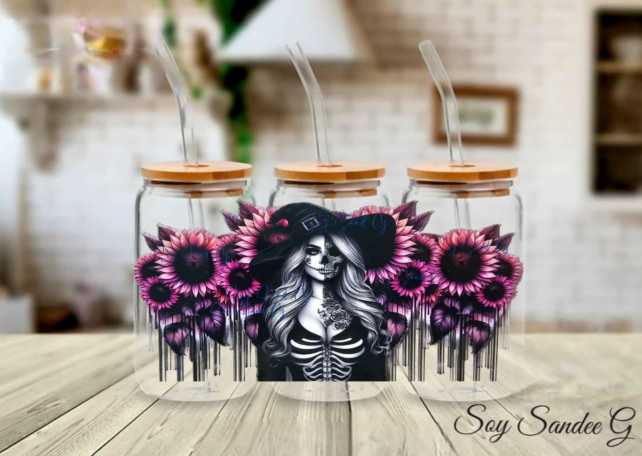 Sexy Skully Witch & Pink Sunflowers - UVDTF wrap for cups/hard surfaces sticker