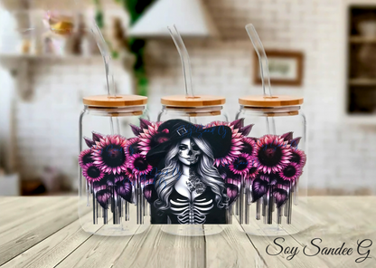 Sexy Skully Witch & Pink Sunflowers - UVDTF wrap for cups/hard surfaces sticker