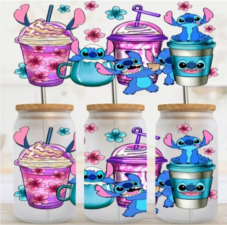 Stitch Cups with Teal & Pink Flowers - UVDTF Wrap