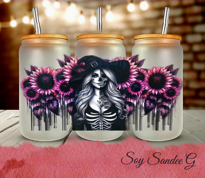 Sexy Skully Witch & Pink Sunflowers - UVDTF wrap for cups/hard surfaces sticker