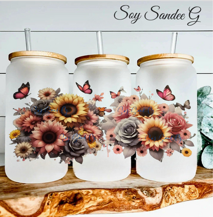 Pink & Yellow Sunflowers with Gray Roses - UVDTF Wrap for cups/hard surfaces sticker