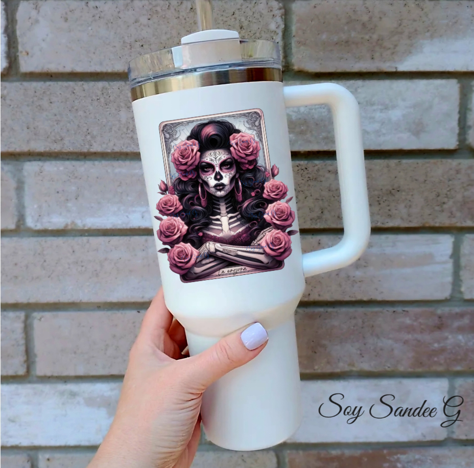 Angry Sugar Skull & Pink Roses UVDTF Decal for cups/hard surfaces sticker