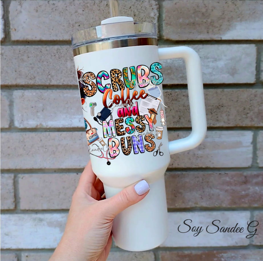 Scrubs, Coffee & Messy Buns - UVDTF Decal for cups/hard surfaces sticker
