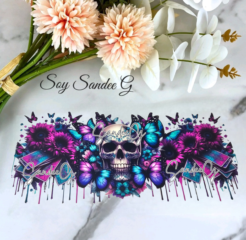 Neon Pink & Teal Skull Cards - UVDTF Wrap for cups/hard surfaces sticker