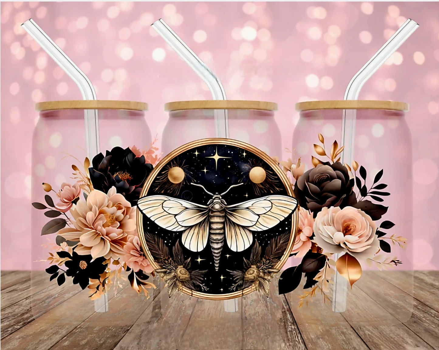 Envoltura UVDTF de polillas y flores rosas