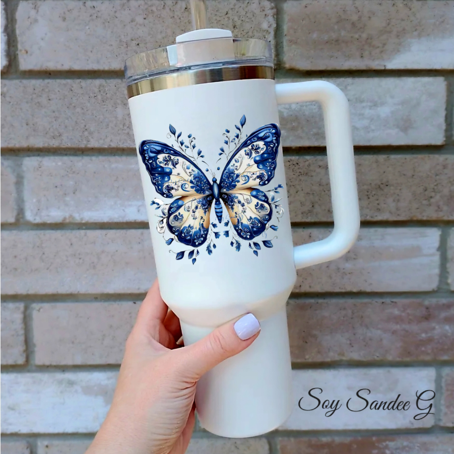 White & Blue Butterfly- UVDTF Decal for cups/hard surfaces