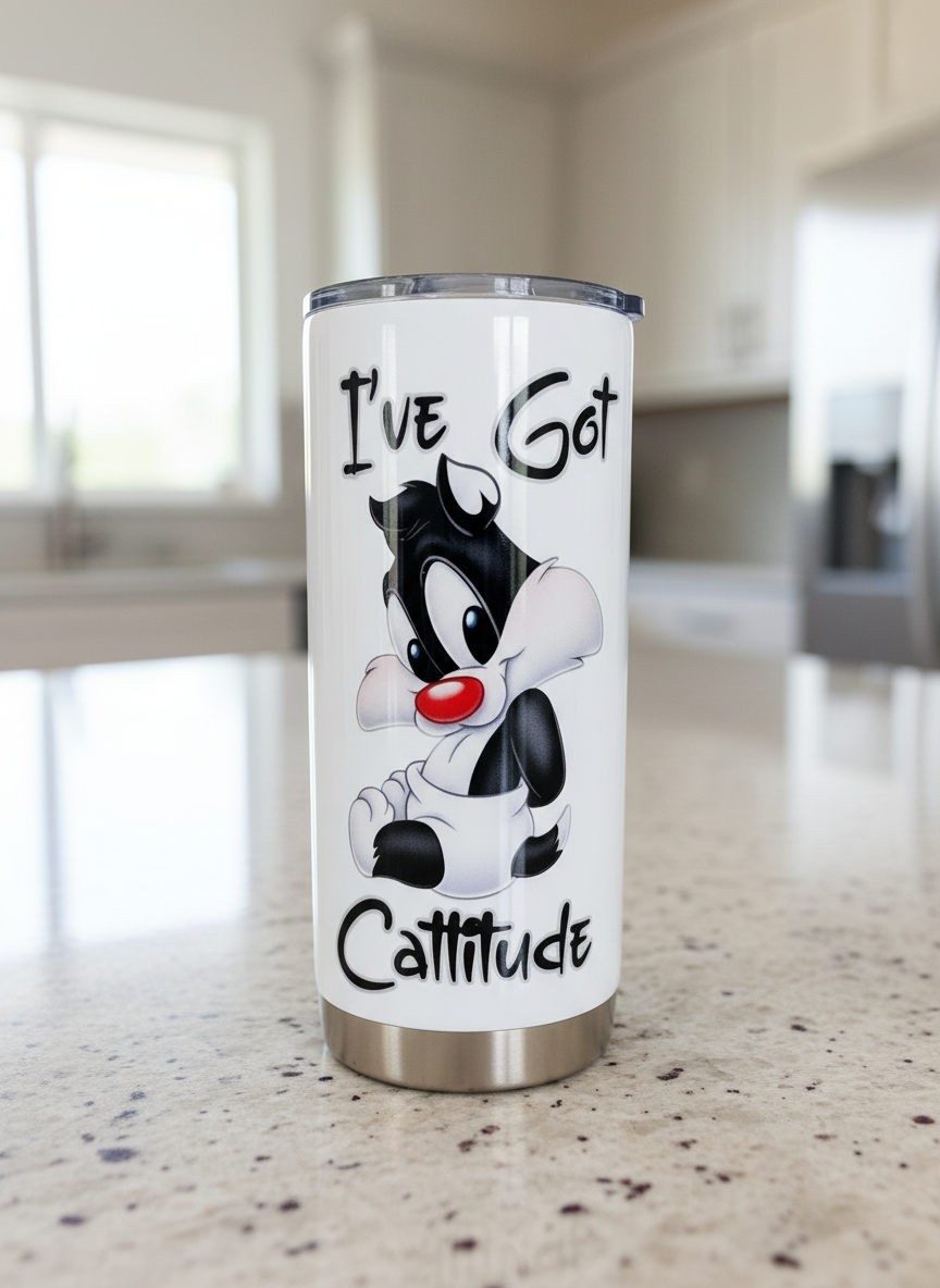 Calcomanía UVDTF con la frase "Tengo actitud felina"