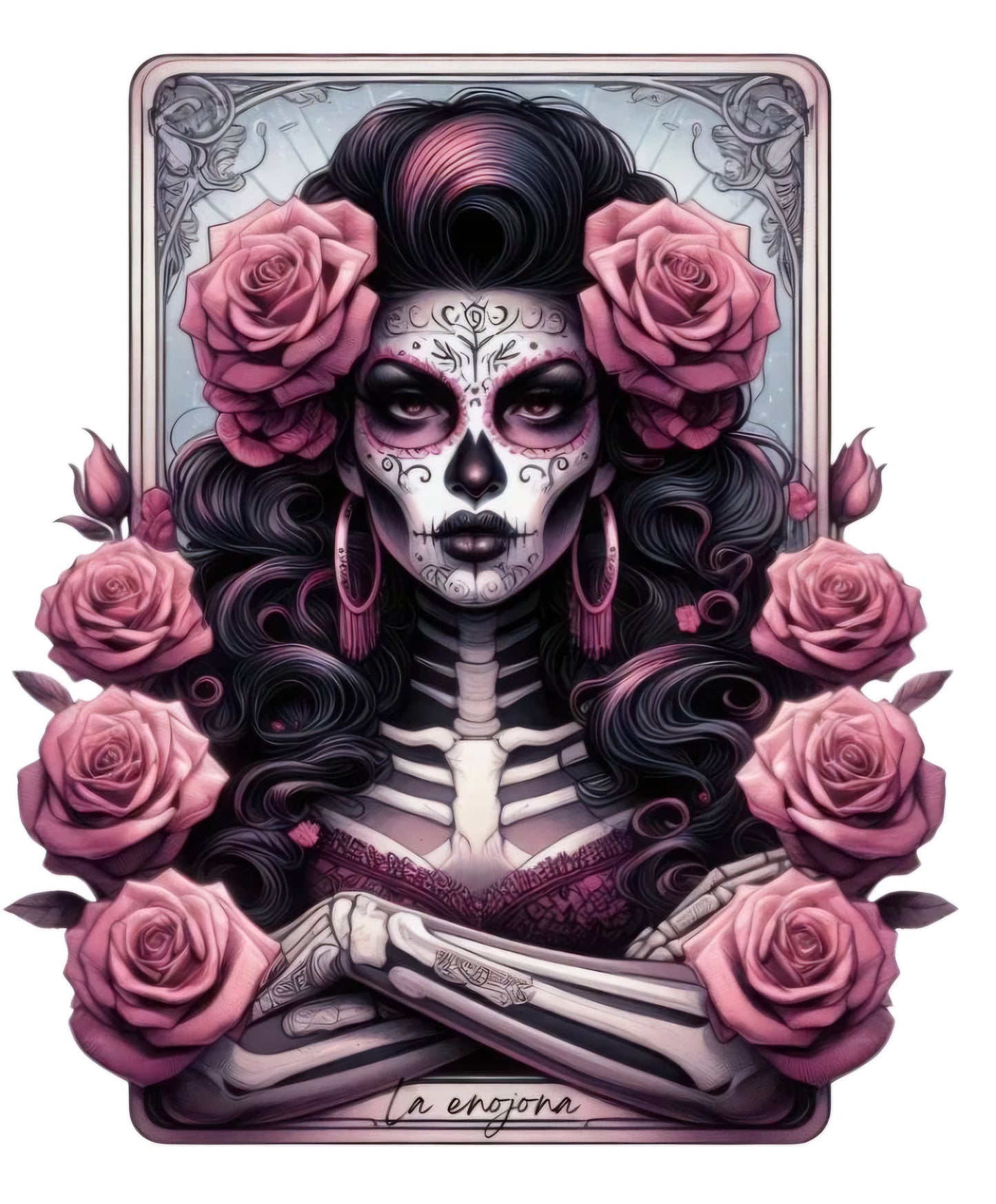 Calcomanía UVDTF de calavera de azúcar enojada y rosas rosadas