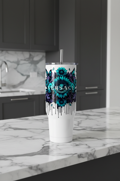 Versace Teal Flowers - UVDTF Decal for cups/hard surfaces sticker