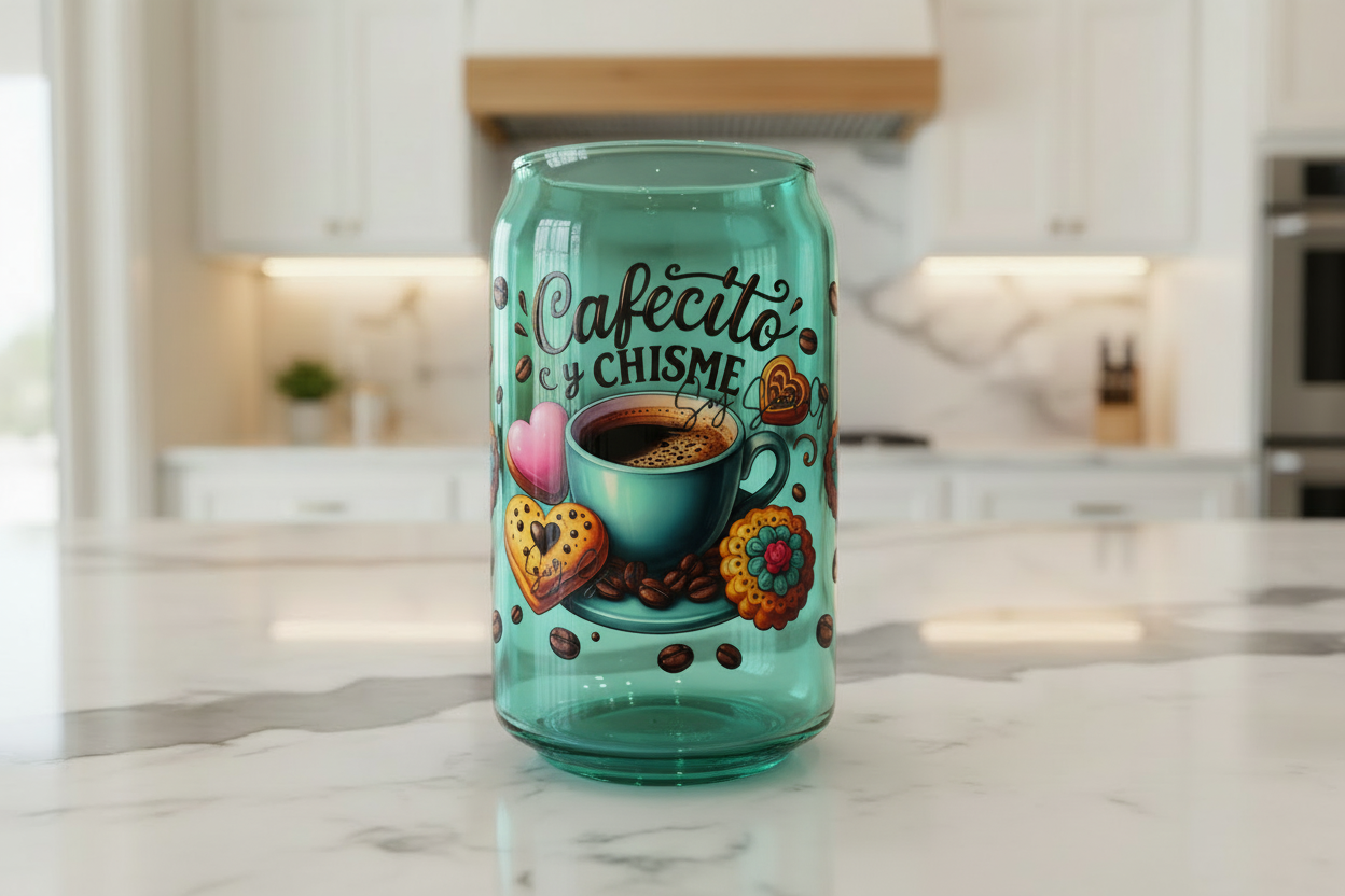 Cafecito y Chisme Green Cup - UVDTF Wrap for cups/hard surfaces sticker