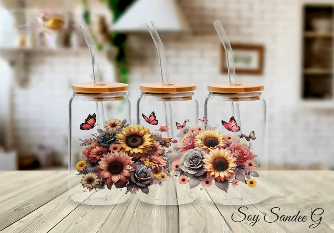 Pink & Yellow Sunflowers with Gray Roses - UVDTF Wrap for cups/hard surfaces sticker