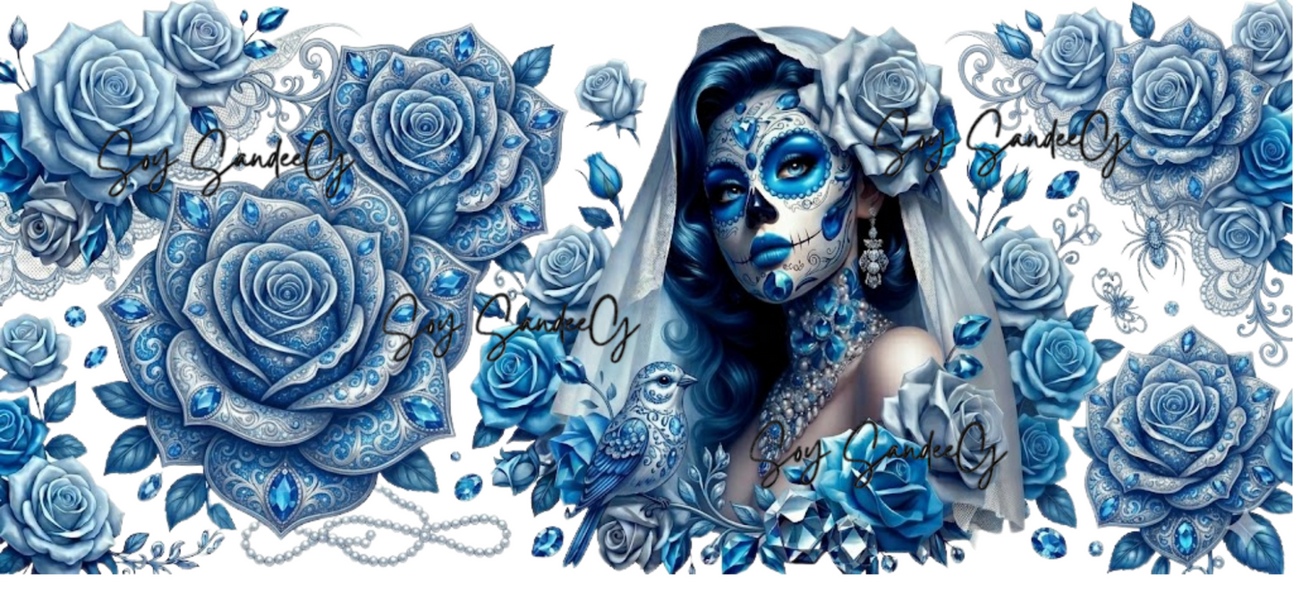 Blue Roses Skully - UVDTF Wrap for cups/hard surfaces sticker