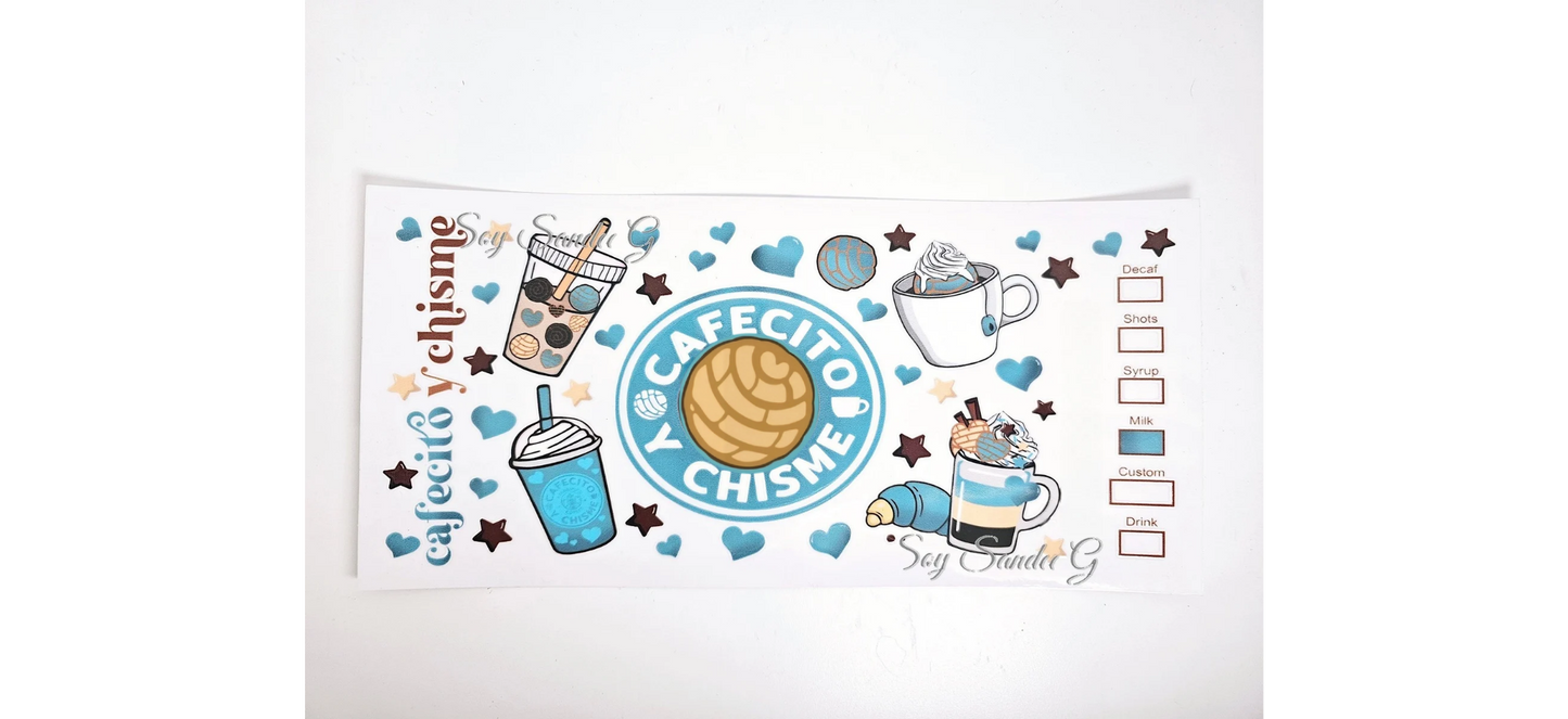 Cafecito y Chisme Blue  - UVDTF Wrap for cups/hard surfaces sticker