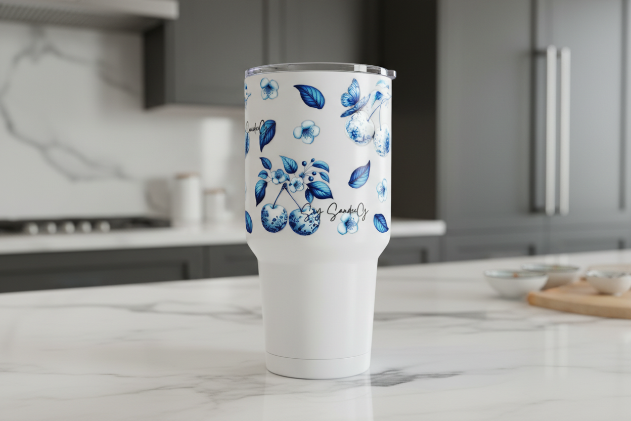 White & Blue Cherries - UVDTF Wrap for cups/hard surfaces sticker