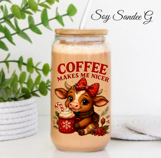 Coffee Makes Me Nicer Cow - UVDTF Decal for cups/hard surfaces sticker