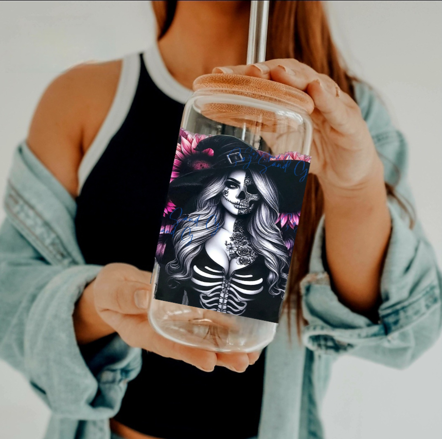 Sexy Skully Witch & Pink Sunflowers - UVDTF wrap for cups/hard surfaces sticker