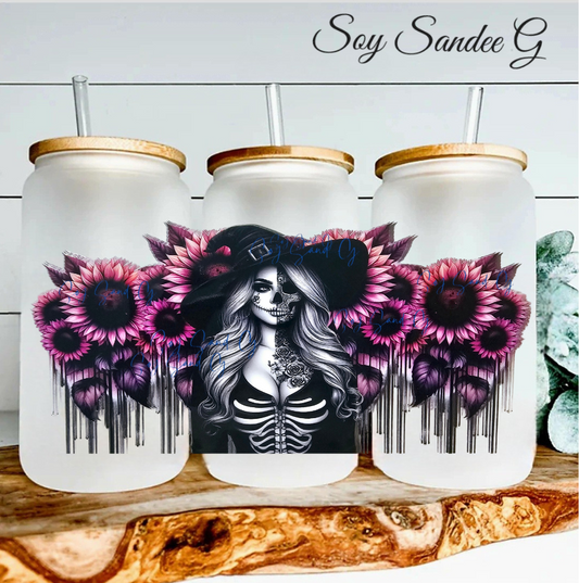 Sexy Skully Witch & Pink Sunflowers - UVDTF wrap for cups/hard surfaces sticker