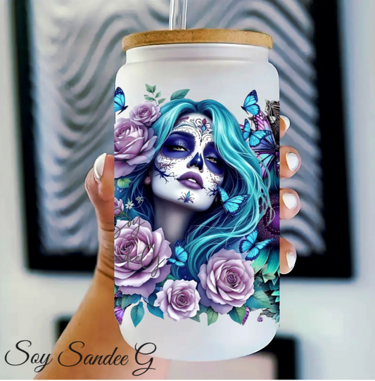 Aqua Skully & Flowers - UVDTF Wrap for cups/hard surfaces sticker