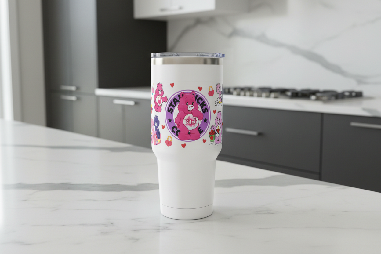 Envoltura UVDTF con osito travieso de Starbucks en color rosa