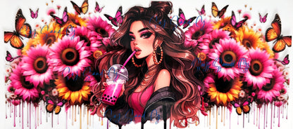 La chica de la bebida rosa y los girasoles