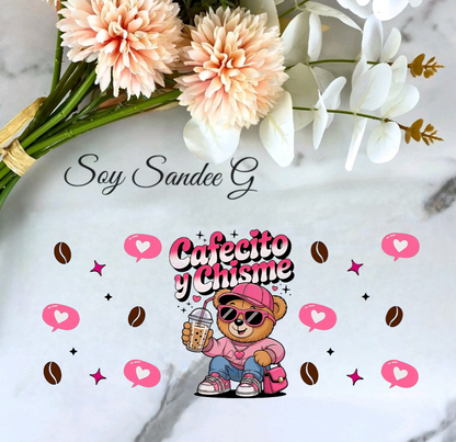Cafecito y Chisme Bear - UVDTF Wrap for cups/hard surfaces sticker