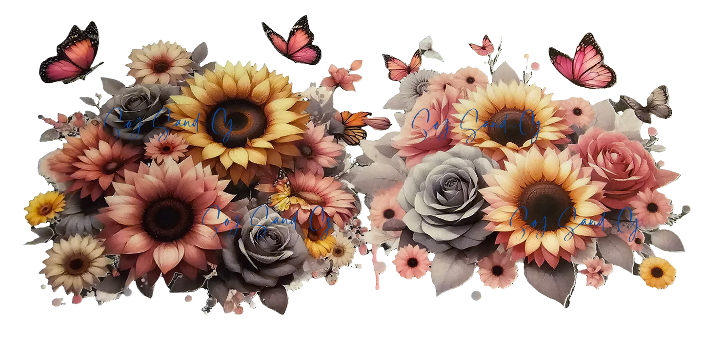 Pink & Yellow Sunflowers with Gray Roses - UVDTF Wrap for cups/hard surfaces sticker
