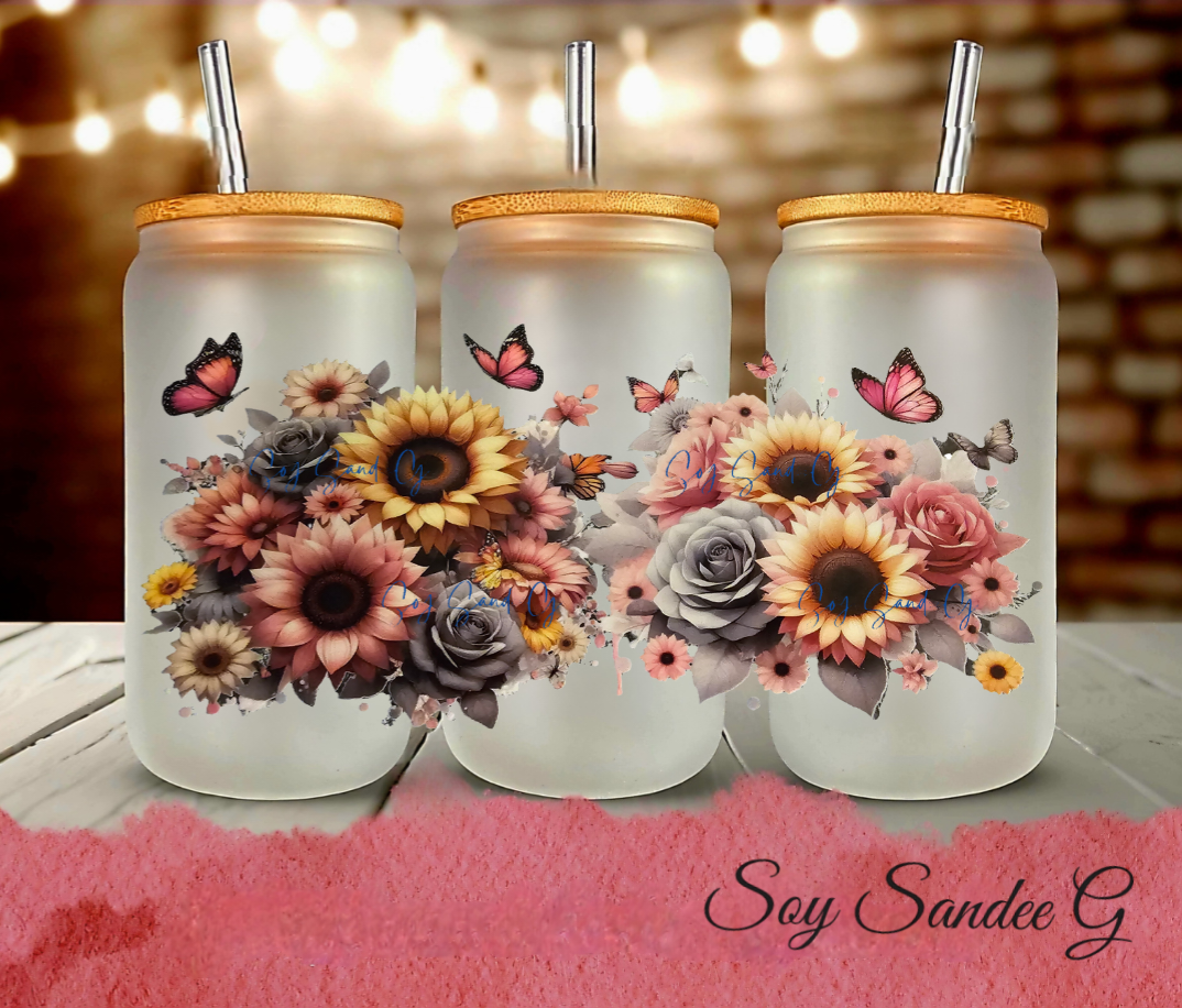 Pink & Yellow Sunflowers with Gray Roses - UVDTF Wrap for cups/hard surfaces sticker