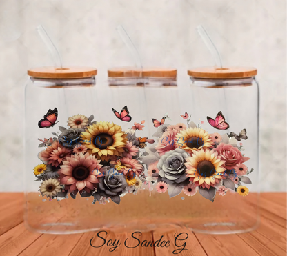 Pink & Yellow Sunflowers with Gray Roses - UVDTF Wrap for cups/hard surfaces sticker