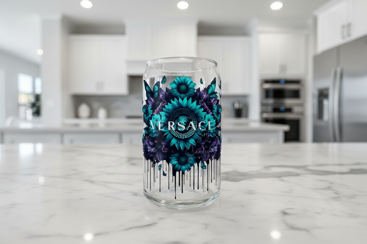 Versace Teal Flowers - UVDTF Decal for cups/hard surfaces sticker